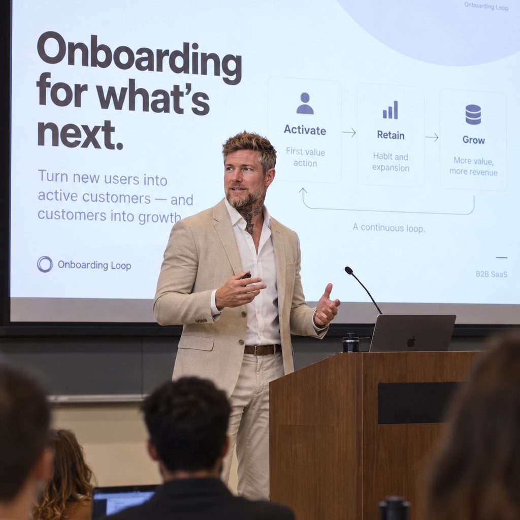 Bal Sieber, founder of OnboardingLoop, presenting on onboarding