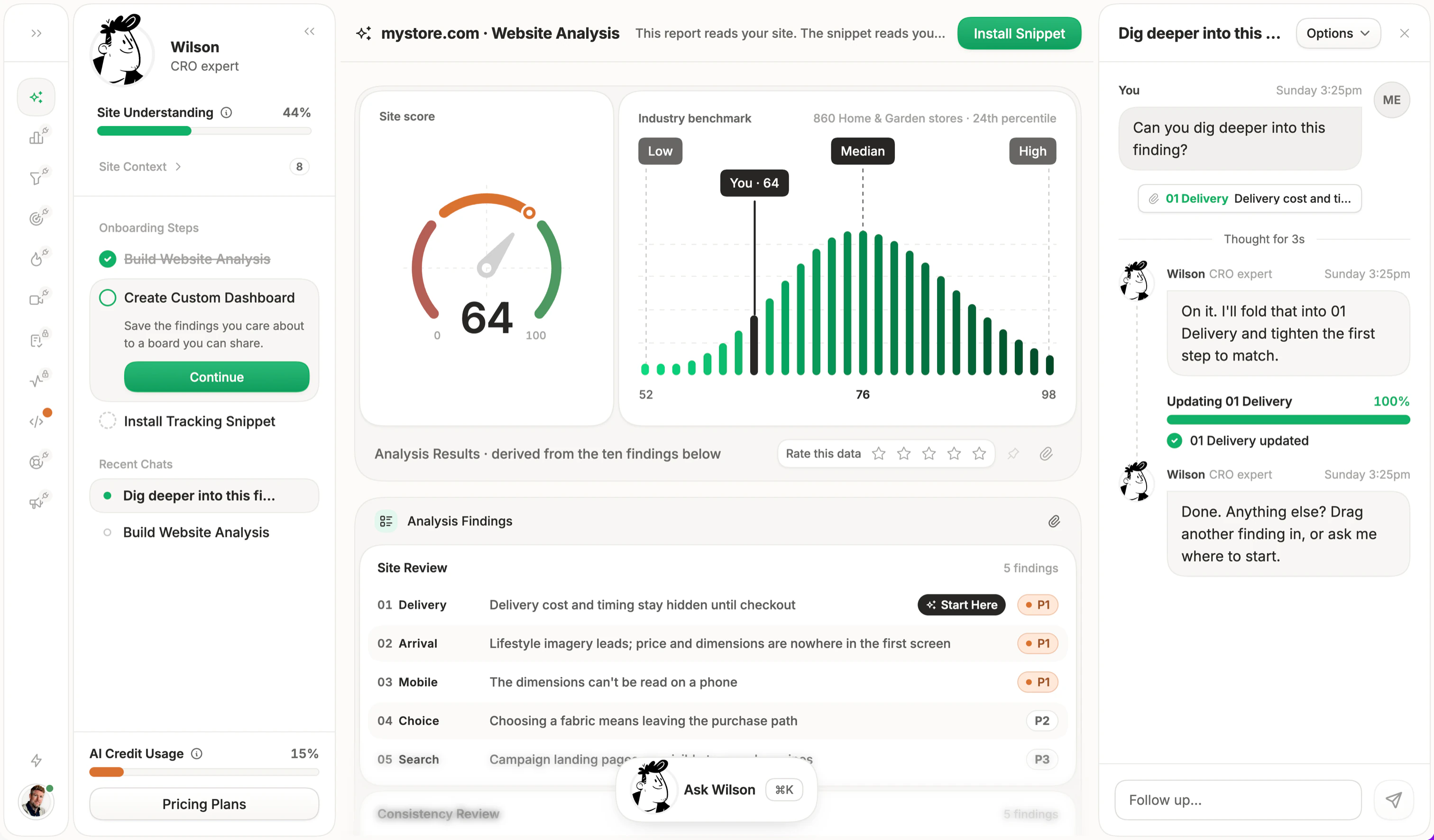 After: the rebuilt first run, with the onboarding steps, the site score and the agent inside the product