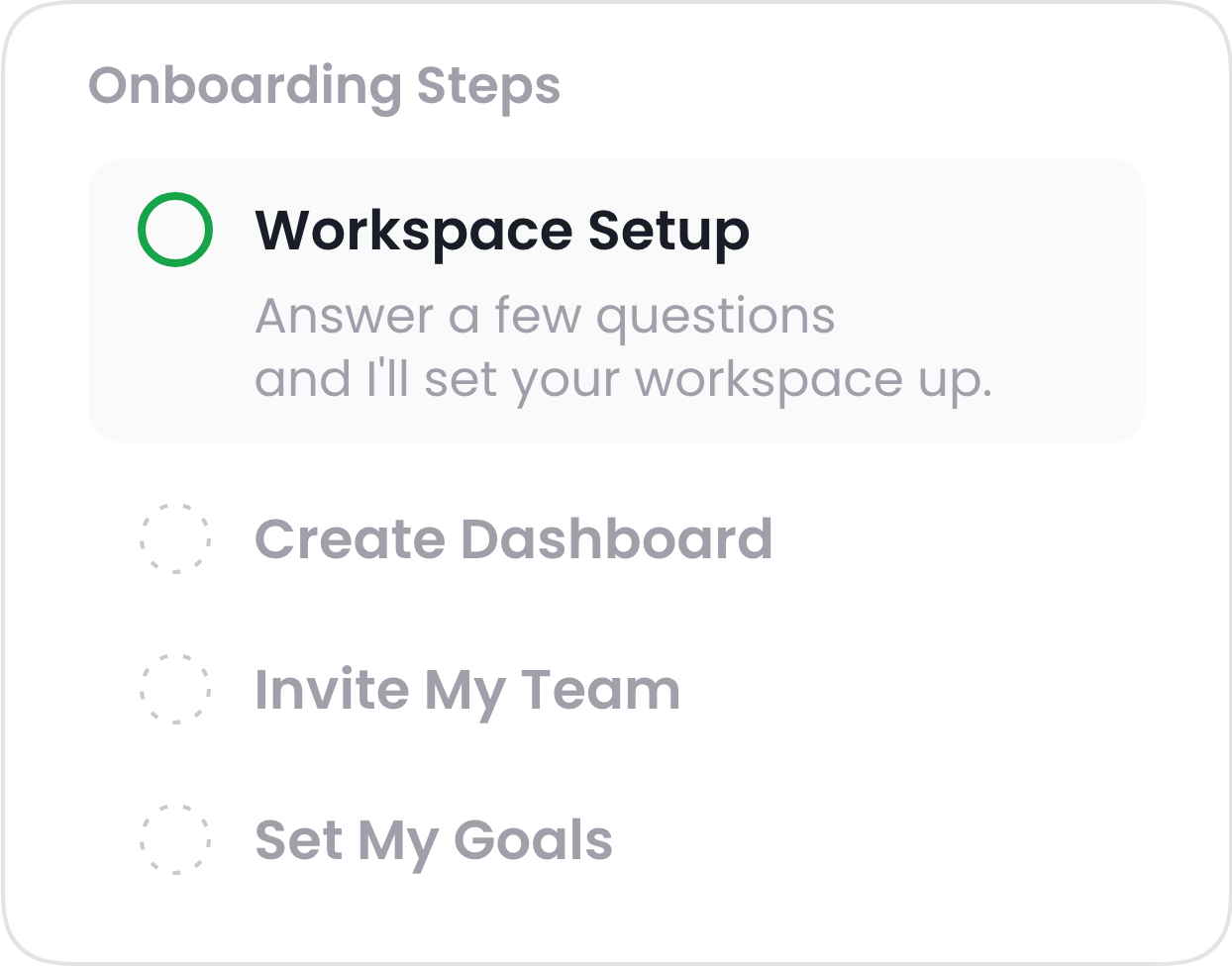 Onboarding Steps: Workspace Setup, Create Dashboard, Invite My Team, Set My Goals