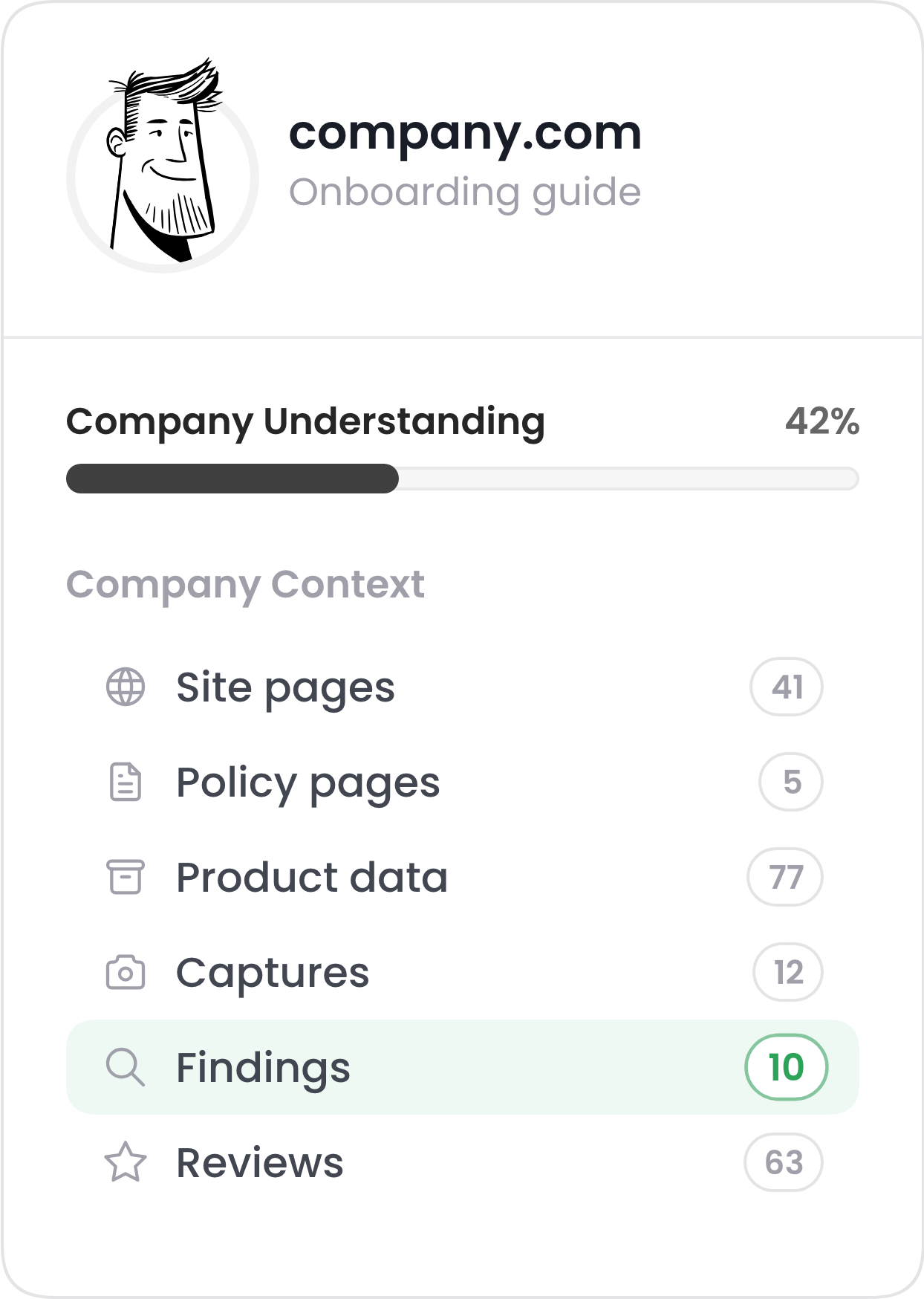 The workspace agent for company.com: Company Understanding at 42%, and the company context it has read